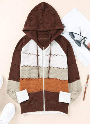 Zip-Up Raglan Sleeve Openwork Hooded Cardigan - MimiStylez