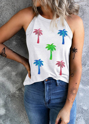 Sequin Coconut Tree Round Neck Tank - MimiStylez