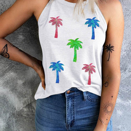 Sequin Coconut Tree Round Neck Tank - MimiStylez