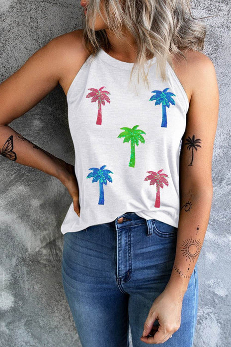 Sequin Coconut Tree Round Neck Tank - MimiStylez