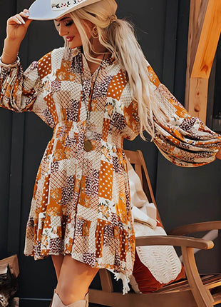 Printed Collared Neck Three-Quarter Sleeve Mini Shirt Dress - MimiStylez