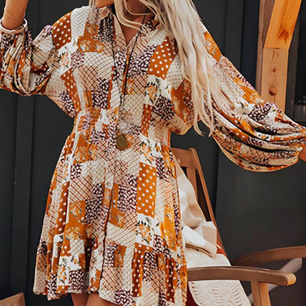 Printed Collared Neck Three-Quarter Sleeve Mini Shirt Dress - MimiStylez