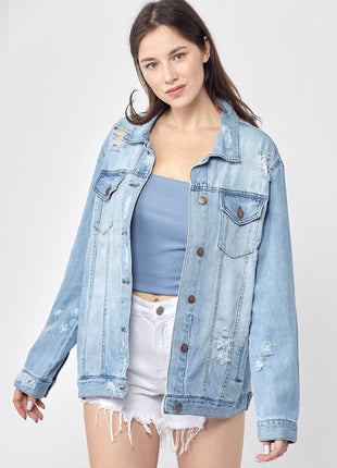 RISEN Full Size Distressed Long Sleeve Denim Jacket - MimiStylez