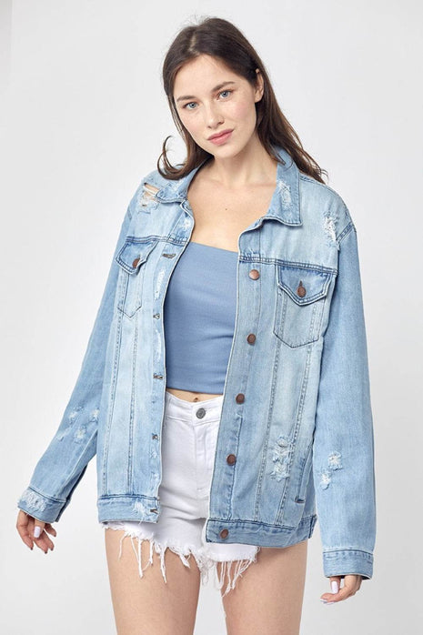 RISEN Full Size Distressed Long Sleeve Denim Jacket - MimiStylez