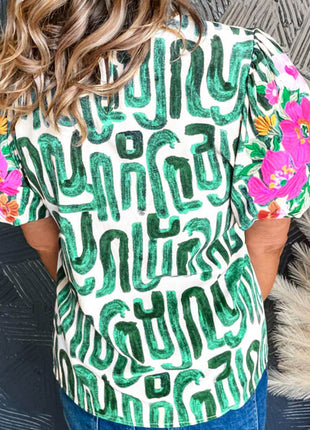 Embroidered Printed Mock Neck Short Sleeve Blouse - MimiStylez