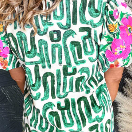 Embroidered Printed Mock Neck Short Sleeve Blouse - MimiStylez