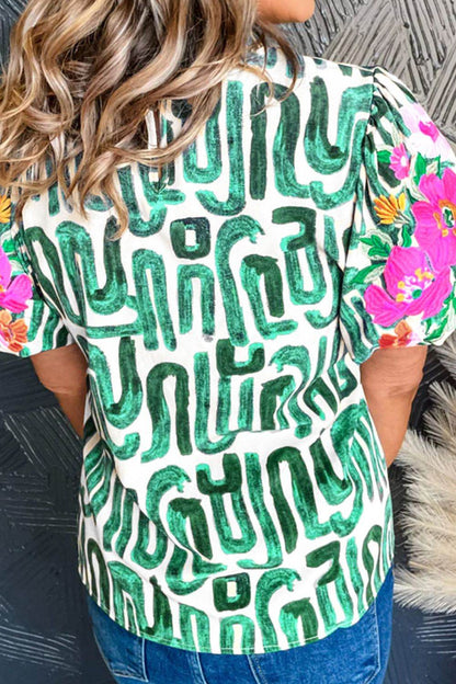 Embroidered Printed Mock Neck Short Sleeve Blouse - MimiStylez