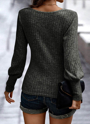 Ribbed Round Neck Long Sleeve Blouse - MimiStylez