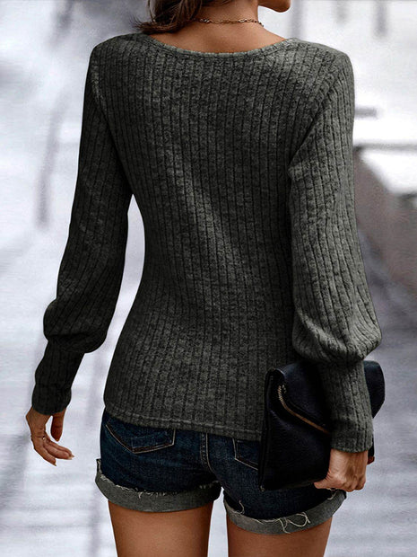 Ribbed Round Neck Long Sleeve Blouse - MimiStylez