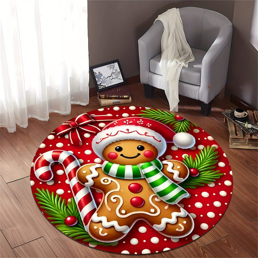 Soft, Absorbent & Non-Slip Christmas Gingerbread For Man Round Rug - Perfect for Entryway, Living Room, Bedroom Decor | Machine Washable Flannel Memory Foam Mat