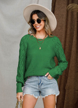 Openwork Round Neck Raglan Sleeve Sweater - MimiStylez