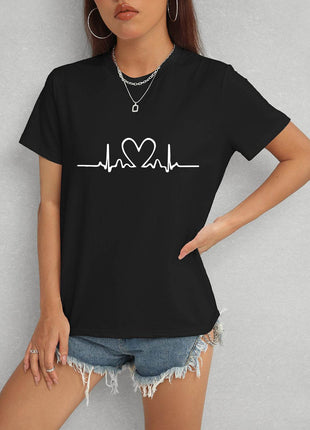 Heart Round Neck Short Sleeve T-Shirt - MimiStylez