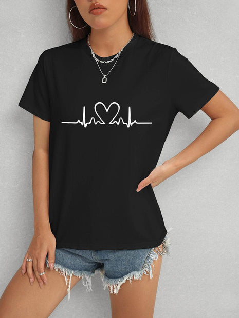 Heart Round Neck Short Sleeve T-Shirt - MimiStylez