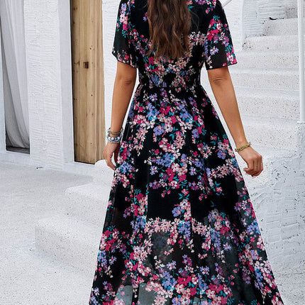 Smocked Floral V-Neck Short Sleeve Dress - MimiStylez