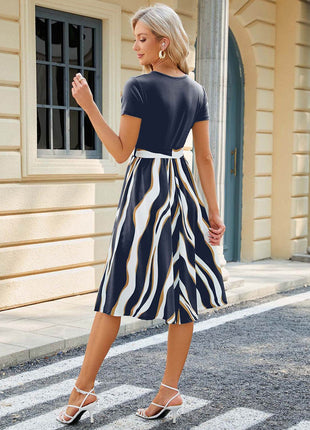 Printed Tie Waist Short Sleeve Dress - MimiStylez