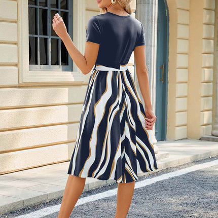 Printed Tie Waist Short Sleeve Dress - MimiStylez