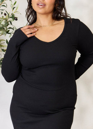 Culture Code Full Size Ribbed Long Sleeve Midi Slit Dress - MimiStylez