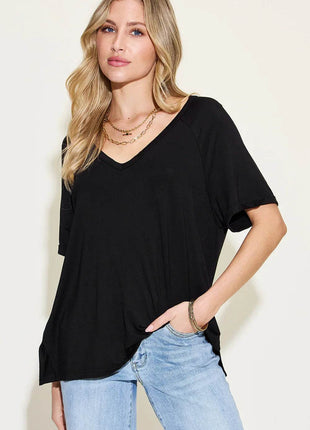 Basic Bae Full Size Bamboo Slit V-Neck Short Sleeve T-Shirt - MimiStylez