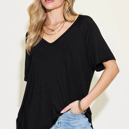 Basic Bae Full Size Bamboo Slit V-Neck Short Sleeve T-Shirt - MimiStylez