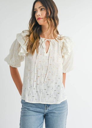 MABLE Eyelet Lace Ruffle Shoulder Puff Sleeve Blouse - MimiStylez