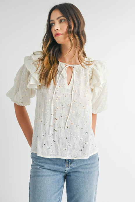 MABLE Eyelet Lace Ruffle Shoulder Puff Sleeve Blouse - MimiStylez