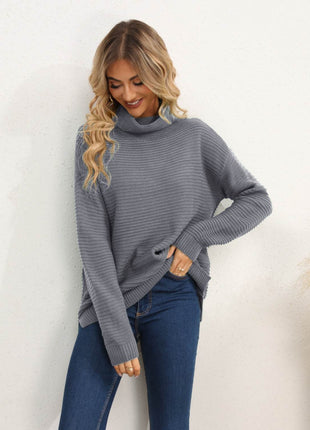 Slit Turtleneck Dropped Shoulder Sweater - MimiStylez