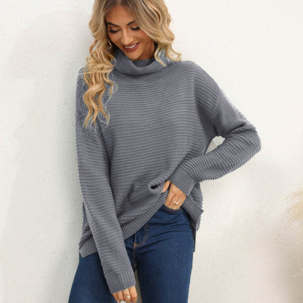 Slit Turtleneck Dropped Shoulder Sweater - MimiStylez
