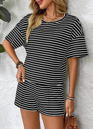 Striped Round Neck Short Sleeve Top and Shorts Set - MimiStylez