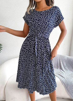 Ditsy Floral Pleated Belted Dress - MimiStylez