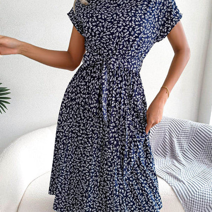 Ditsy Floral Pleated Belted Dress - MimiStylez