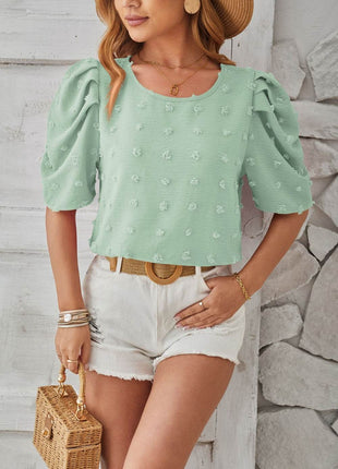 Swiss Dot Round Neck Short Sleeve Blouse - MimiStylez