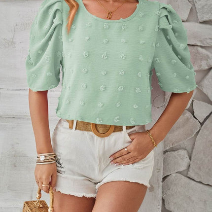Swiss Dot Round Neck Short Sleeve Blouse - MimiStylez