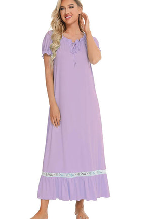 Lace Detail Short Sleeve Lounge Dress - MimiStylez