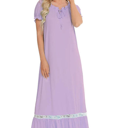 Lace Detail Short Sleeve Lounge Dress - MimiStylez