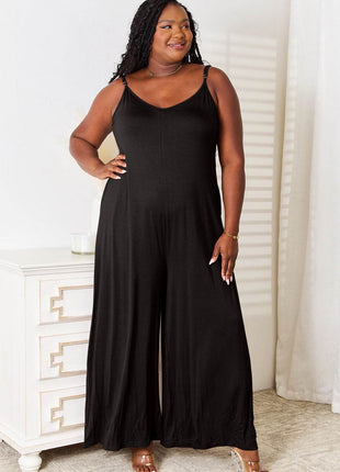 Double Take Full Size Soft Rayon Spaghetti Strap Tied Wide Leg Jumpsuit - MimiStylez