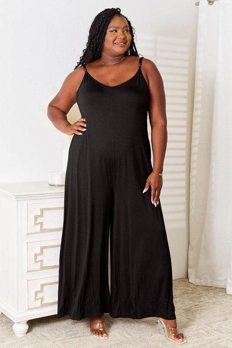 Double Take Full Size Soft Rayon Spaghetti Strap Tied Wide Leg Jumpsuit - MimiStylez