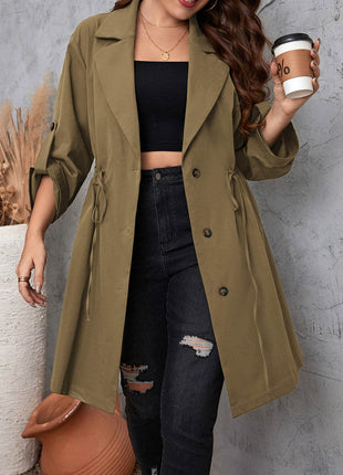 Plus Size Lapel Collar Drawstring Roll-Tab Sleeve Trench Coat - MimiStylez