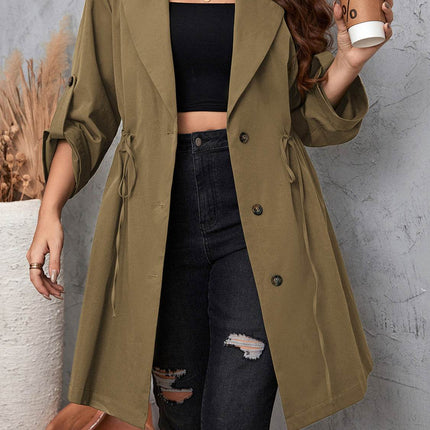 Plus Size Lapel Collar Drawstring Roll-Tab Sleeve Trench Coat - MimiStylez