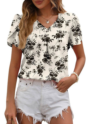 Women's Casual V-neck Chiffon Shirt Puffed Sleeve - MimiStylez