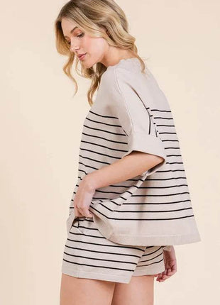 Lime 'N' Chili Striped Folded Half Sleeve Top and Shorts Set - MimiStylez