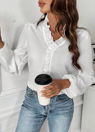 Ruffled V-Neck Long Sleeve Blouse - MimiStylez