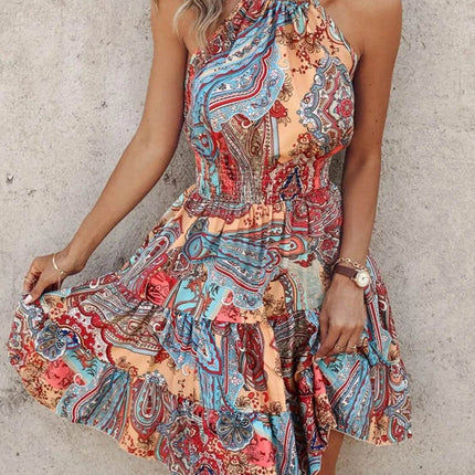 Paisley Print Halter Neck Mini Dress - MimiStylez