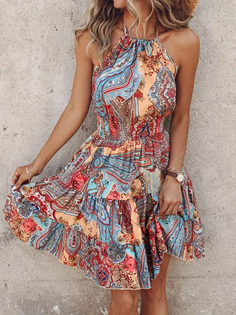 Paisley Print Halter Neck Mini Dress - MimiStylez