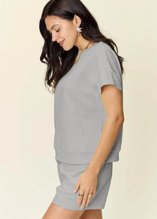 Double Take Full Size Texture Short Sleeve T-Shirt and Drawstring Shorts Set - MimiStylez