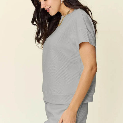 Double Take Full Size Texture Short Sleeve T-Shirt and Drawstring Shorts Set - MimiStylez