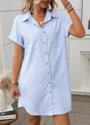 Striped Button Down Short Sleeve Mini Dress - MimiStylez