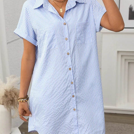 Striped Button Down Short Sleeve Mini Dress - MimiStylez
