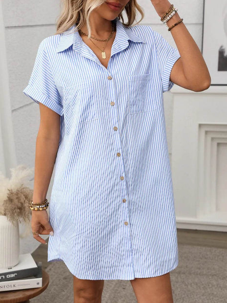 Striped Button Down Short Sleeve Mini Dress - MimiStylez