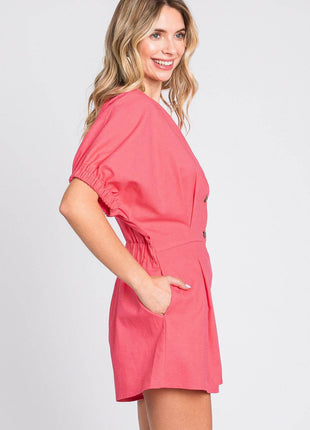 GeeGee Half Button V-Neck Linen Romper - MimiStylez