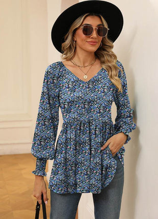 Printed V-Neck Lantern Sleeve Blouse - MimiStylez